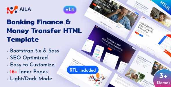 Aila online banking HTML template homepage preview with responsive Bootstrap 5 layout and retina-ready design