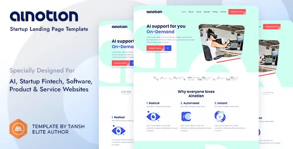 Ainotion HTML5 landing page template preview showing hero, features, and pricing sections for AI startup website