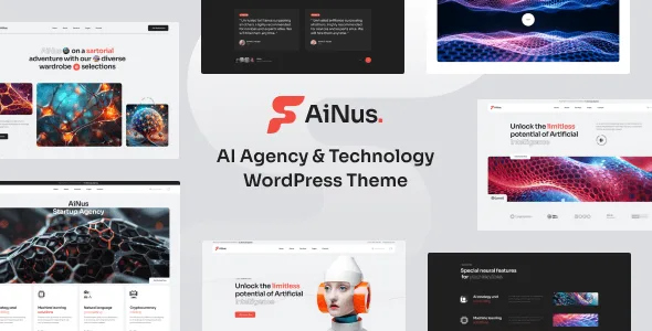 Ainus AI Agency WordPress Theme preview showing modern tech design