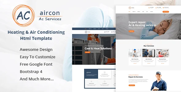 Aircon HVAC website template preview showing responsive Bootstrap 4 corporate layout for air conditioning services