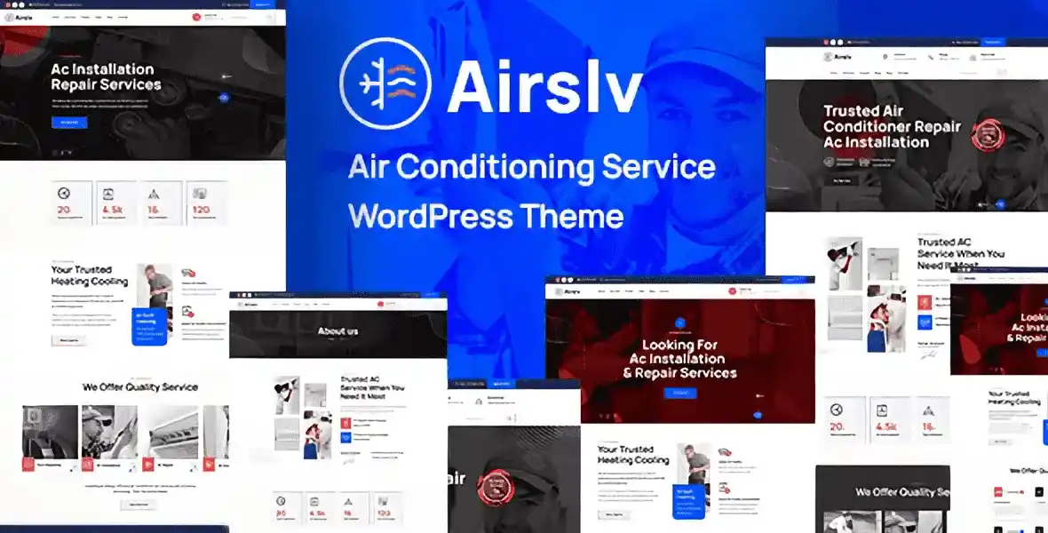 Airslv HVAC WordPress theme dashboard preview showing Elementor Pro page builder interface for heating and cooling service websites