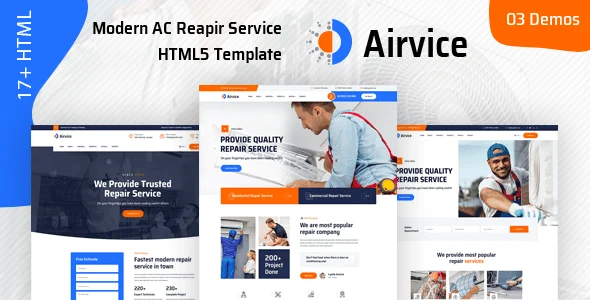 Airvice AC repair HTML5 template with responsive layout for HVAC service websites