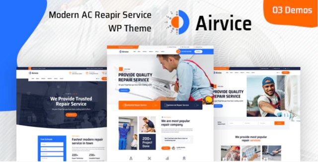 Airvice AC repair WordPress theme homepage preview with Elementor PRO layout