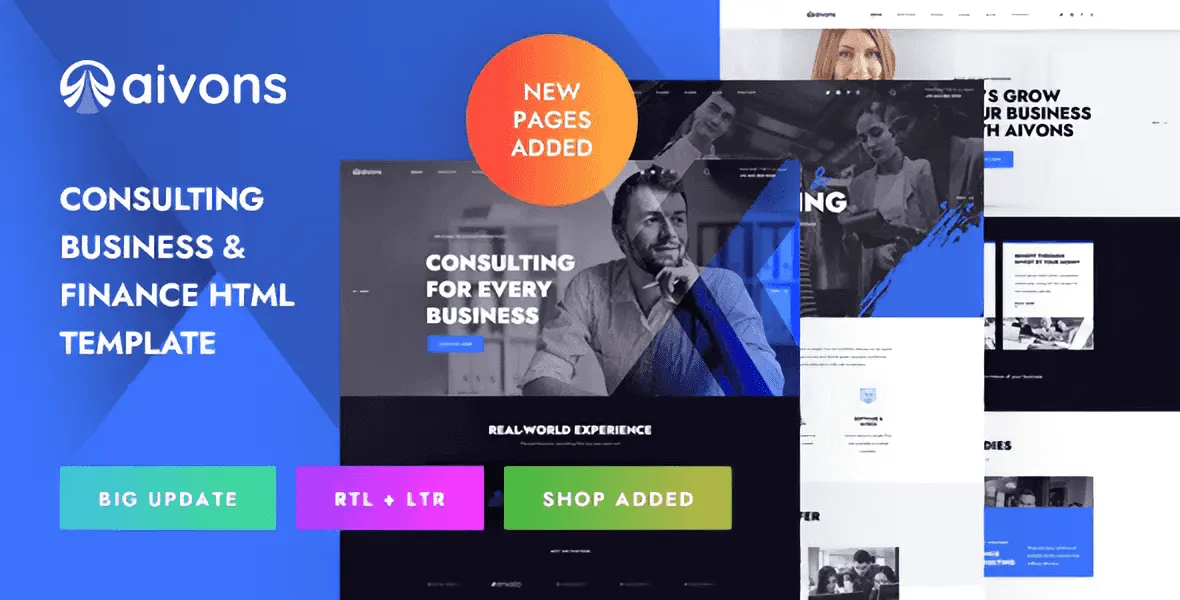 Aivons business consulting HTML template preview showing responsive professional design