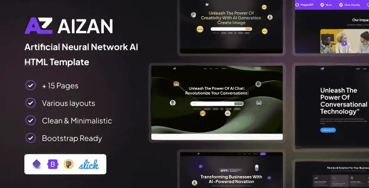 Aizan AI neural network HTML template preview showing modern website layout with Bootstrap 5 design