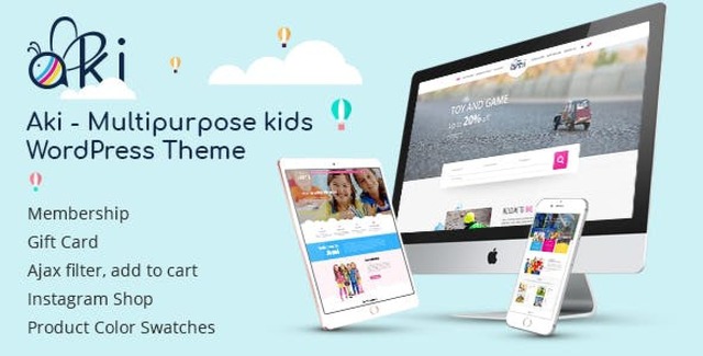 Aki multipurpose kids WordPress theme showcasing colorful layouts for children's websites