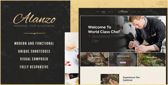 Alanzo catering and restaurant WordPress theme preview showing responsive menu layout