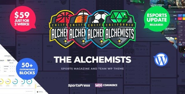 Alchemists sports and gaming WordPress theme for clubs and news sites built with SportsPress