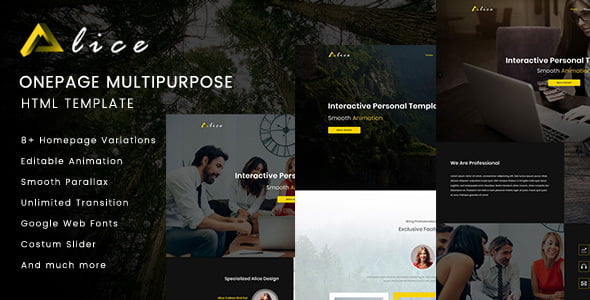 Alice responsive onepage HTML template preview showing multiple homepage variations on desktop and mobile devices