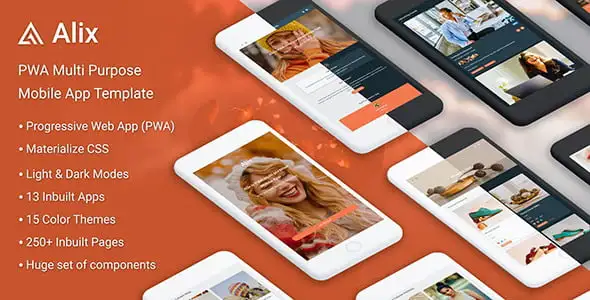 Alix multi-purpose PWA mobile app HTML template built on Materialize framework with 13 pre-built demos