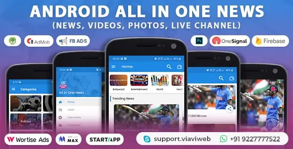All In One News App PHP Script admin panel and Android news app interface