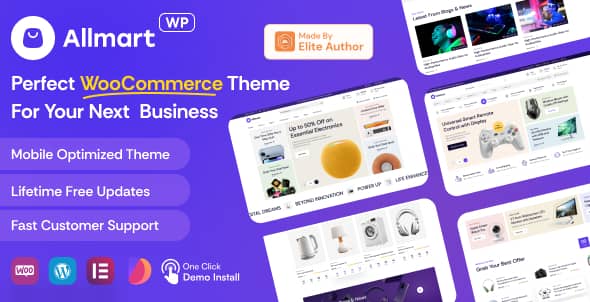 Allmart electronics store WordPress theme preview showcasing a modern WooCommerce and Elementor-powered online gadget store layout