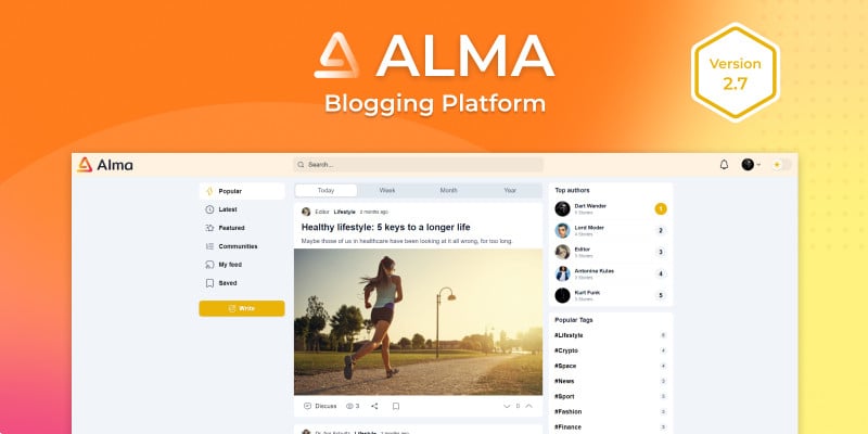 Alma blogging platform PHP script interface showing a modern responsive news website layout