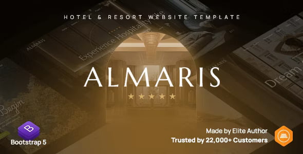Almaris luxury hotel booking website template featuring elegant hospitality design and Elementor PRO demo layout