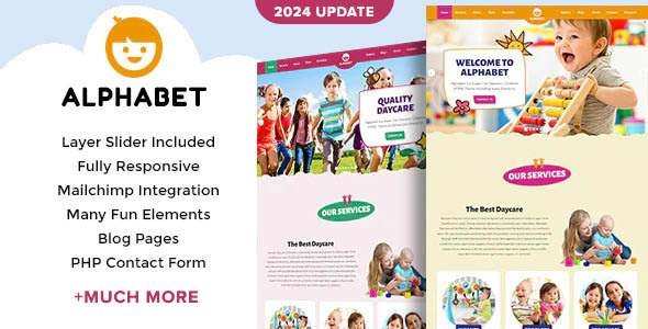Alphabet daycare website template colorful one-page Bootstrap 5.3 HTML5 theme preview