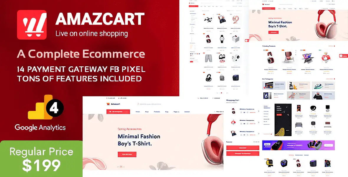 AmazCart Laravel ecommerce script admin dashboard showing product management and store analytics