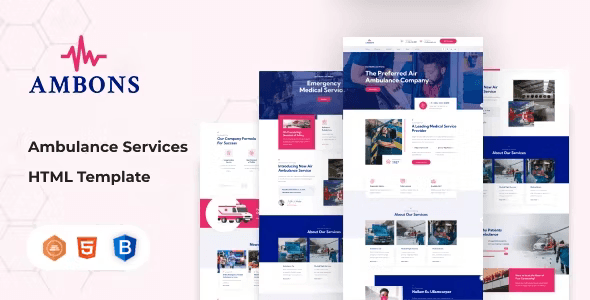 Ambons ambulance service HTML template preview showing emergency medical website layout