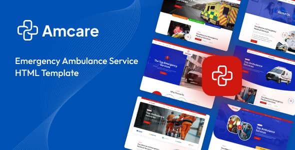 Amcare ambulance service HTML template homepage showing emergency medical website design with responsive layout