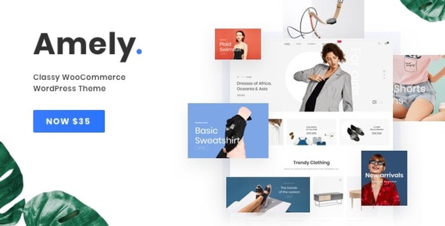 Amely fashion WooCommerce theme homepage showing elegant clothing store layout with featured products, sticky header, and promotional slider