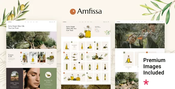 Amfissa WordPress theme homepage showing olive oil shop layout with Elementor editor sidebar
