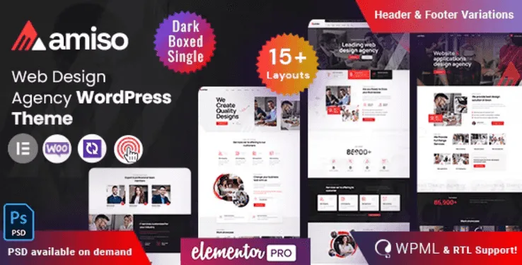 Amiso web design agency WordPress theme demo preview showcasing responsive layout and predefined web elements