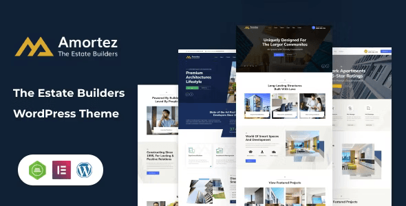 Amortez Real Estate WordPress Theme homepage preview showing property listings with Elementor editor