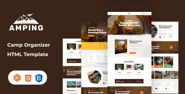 Amping camping HTML template preview for outdoor recreation and adventure travel websites
