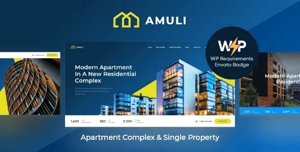 Amuli real estate WordPress theme showcasing modern property listing layouts with Elementor