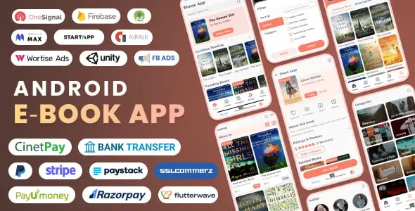 Android ebook app PHP script source code preview with admin panel and mobile app interface