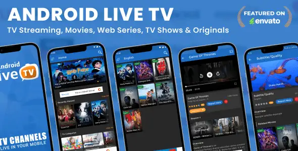 Android Live TV app interface showing live channels and streaming content on mobile device