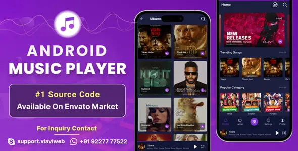 Android music player app interface with web admin panel for managing online and offline MP3 music library