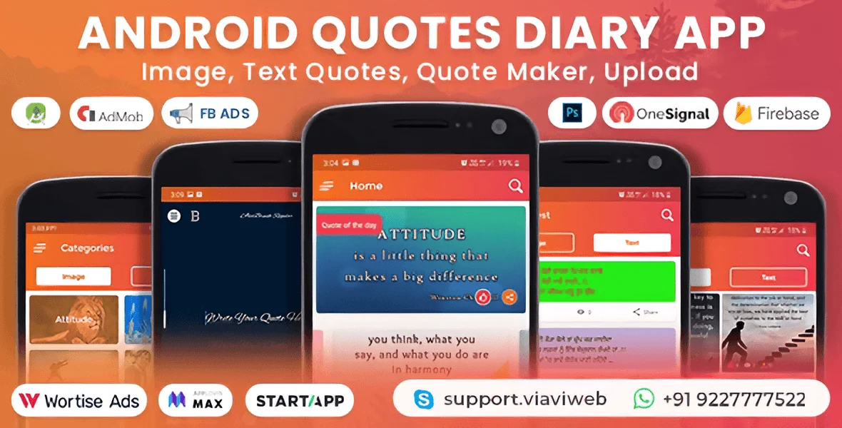 Android Quotes Diary app screenshots showing quote feed, quote maker editor, categories, and dark mode interface