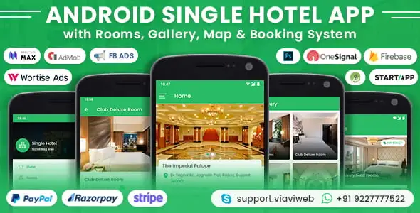 Android hotel app script with room booking, gallery, and admin panel features