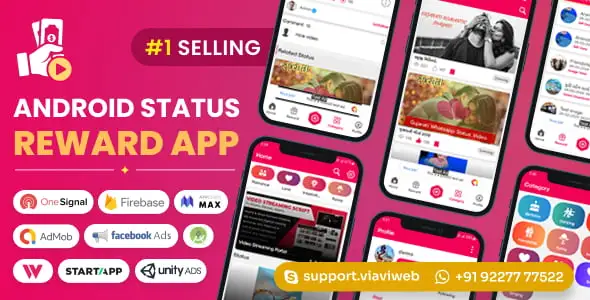 Android Status App PHP Script dashboard showing reward points, lucky wheel, and WhatsApp status saver features