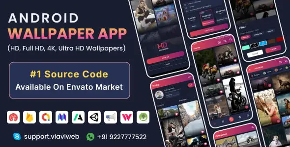 Android wallpaper app source code with PHP admin panel dashboard showing wallpaper categories and monetization settings