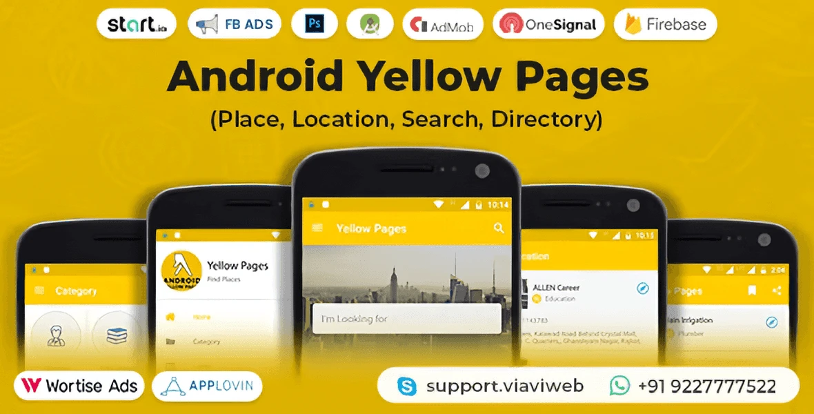 Android Yellow Pages app screenshots showing directory listings, map view, and admin dashboard