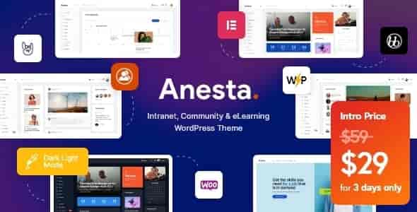 Anesta WordPress theme dashboard showing intranet homepage with activity feed, member directory, and group navigation