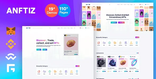 Anftiz NFT marketplace HTML template dashboard showing digital asset trading interface with cryptocurrency support