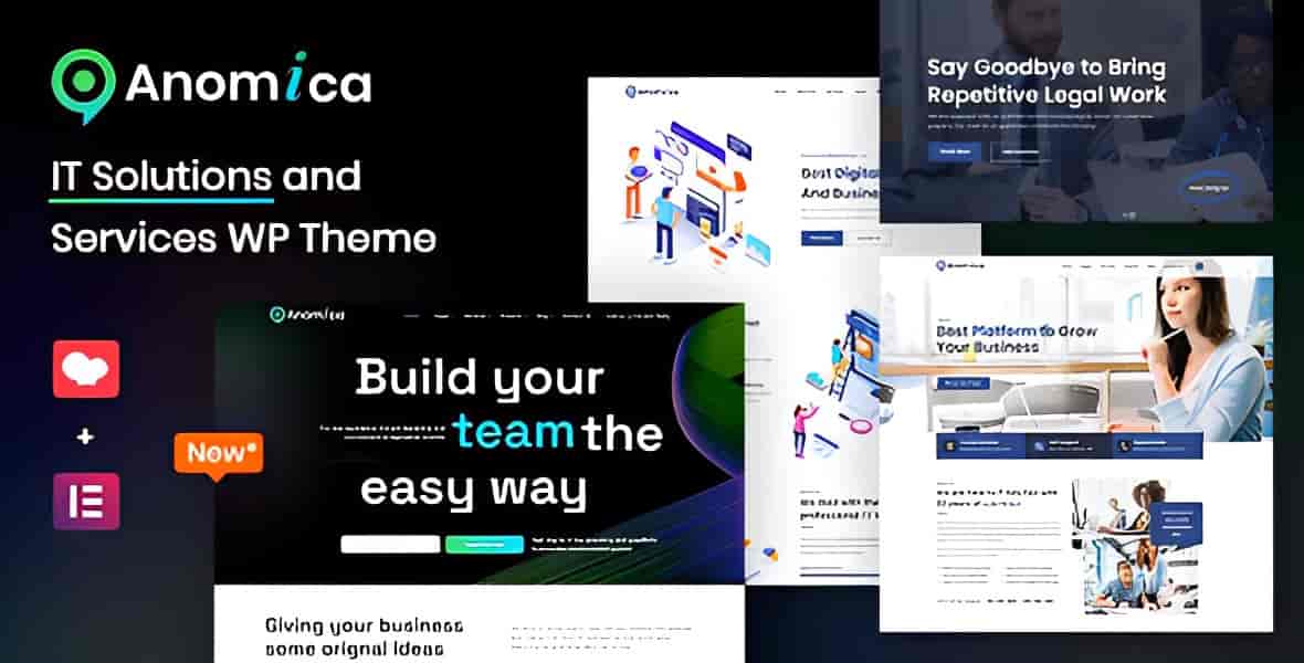 Anomica WordPress theme homepage showing IT services layout with Elementor editor sidebar