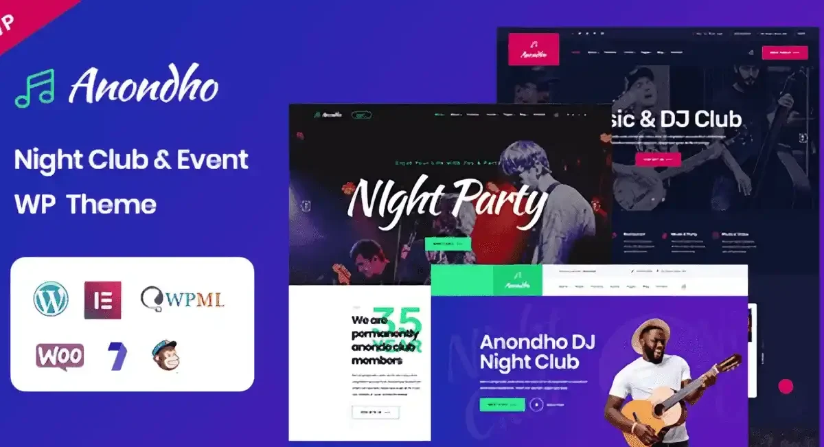 Anondho Night Club and Event WordPress Theme homepage demo preview showcasing responsive design for nightlife websites
