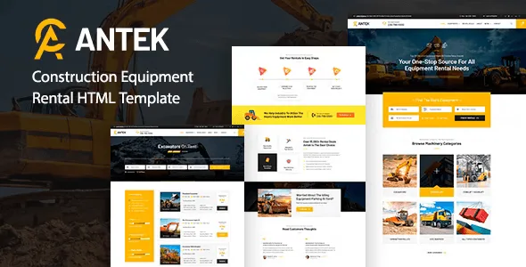 Antek construction equipment rental HTML template homepage preview showing equipment listings and rental rates