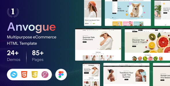Anvogue multipurpose ecommerce HTML template homepage preview with product listings and navigation