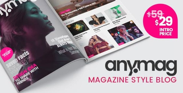 Anymag magazine style WordPress blog theme homepage preview showing featured post slider and grid layout