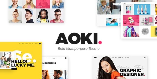Aoki creative agency WordPress theme showcasing masonry portfolio layout with project case studies