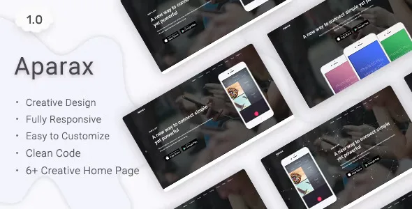 Aparax app landing page HTML template preview showing responsive Bootstrap 4 startup design