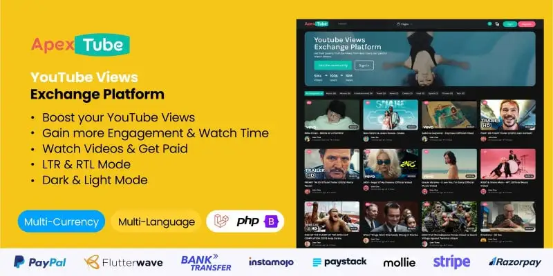 ApexTube YouTube views exchange script Laravel platform dashboard interface