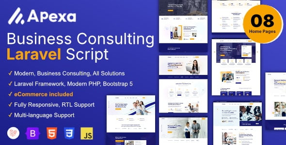 Apexa Laravel script dashboard showing business consulting website demo with SaaS feature showcase sections