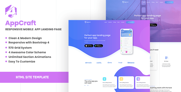 AppCraft mobile app landing page HTML template preview showing responsive Bootstrap 4 design