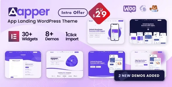 Apper WordPress app landing page theme preview showcasing responsive multi-concept layouts for apps, software, and startups