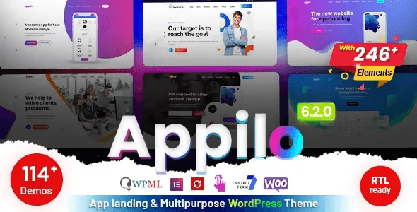 Appilo app landing page WordPress theme for Elementor featuring a clean modern responsive layout